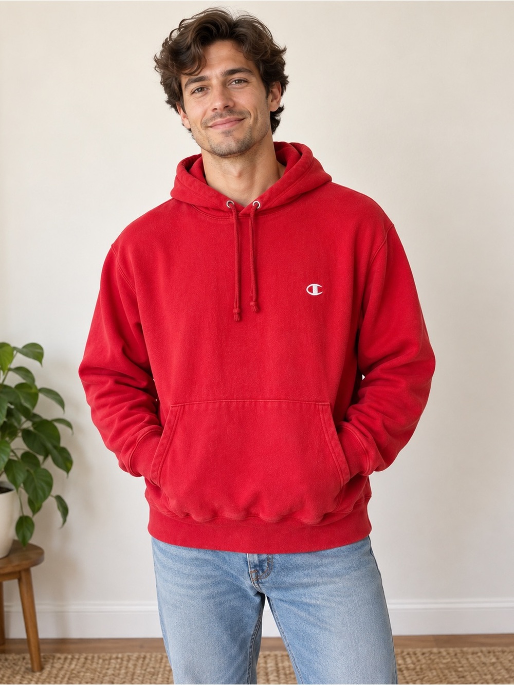 Champion Red Reverse Weave Pullover Hoodie with Chest Logo Size L Athleisure